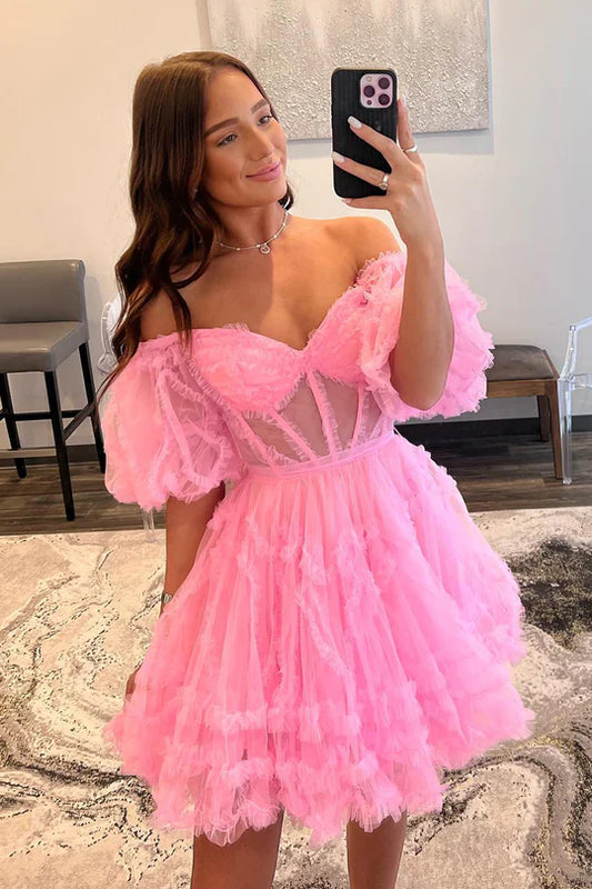 LTP1839,A-line Pink Off The Shoulder V-Neck Mini Homecoming Dress