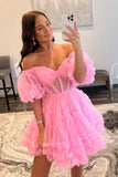 LTP1839,A-line Pink Off The Shoulder V-Neck Mini Homecoming Dress