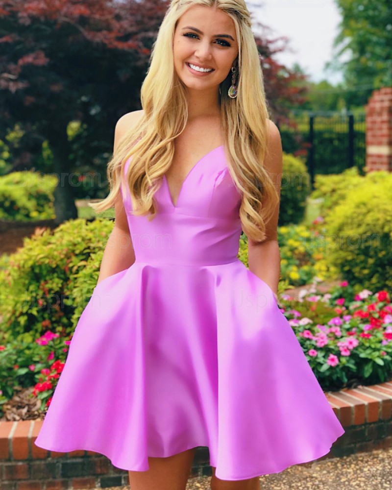 LTP1776,Pink A-Line Satin Homecoming Dress, V-Neck Mini Prom Dress