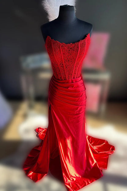 Strapless Appliques Split Red Prom Dress, Long Prom Dress 2024