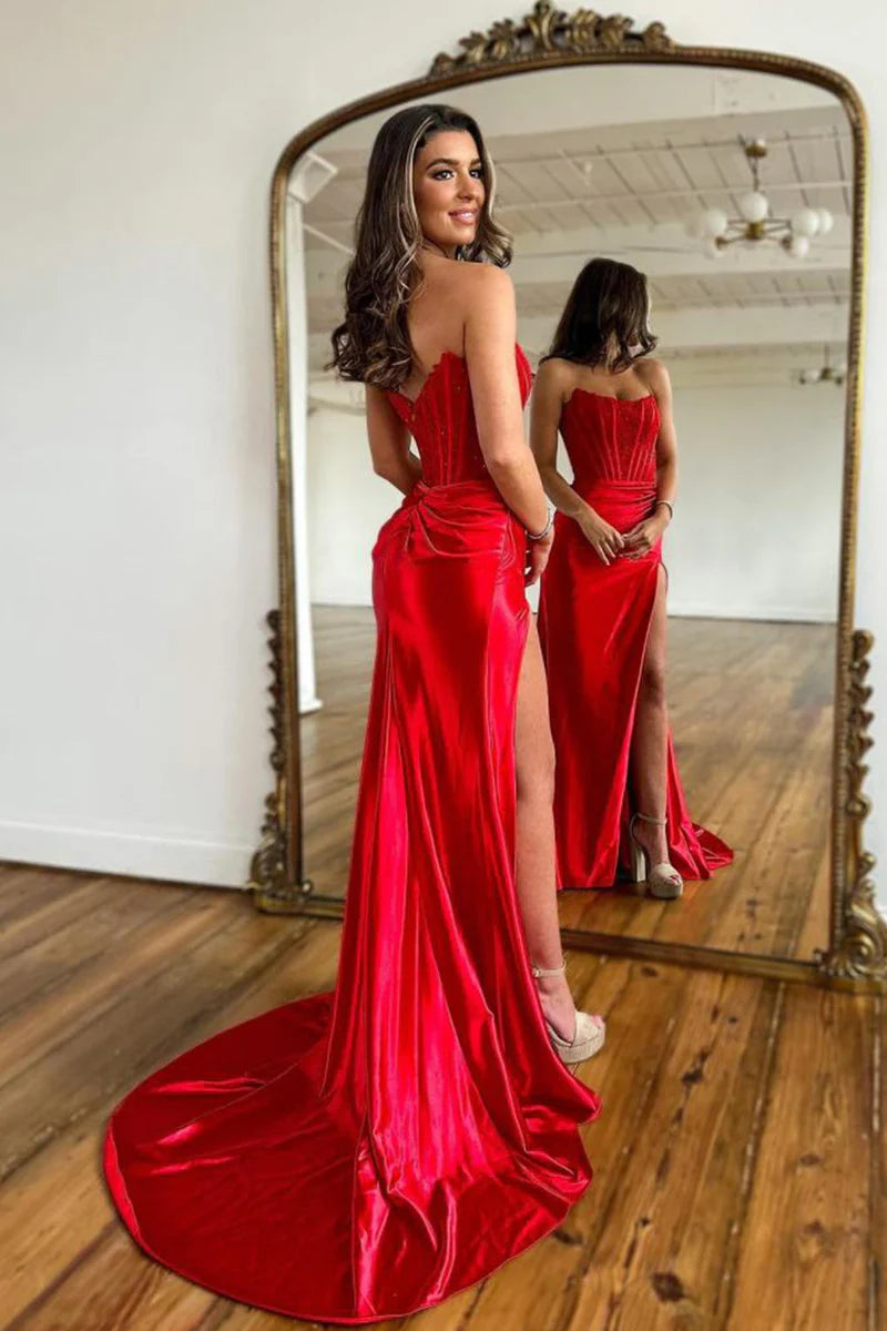 Strapless Appliques Split Red Prom Dress, Long Prom Dress 2024