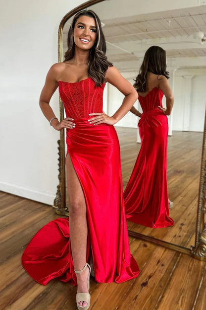 Strapless Appliques Split Red Prom Dress, Long Prom Dress 2024