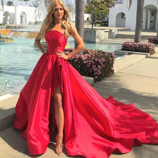 Strapless Red Satin Long Evening Prom Dress With Side Slit