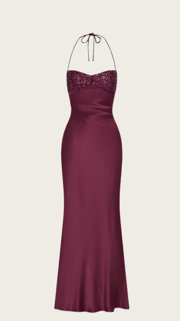 Halter Burgundy Long Prom Dresses Sleeveless Mermaid Party Dress,LTP4298