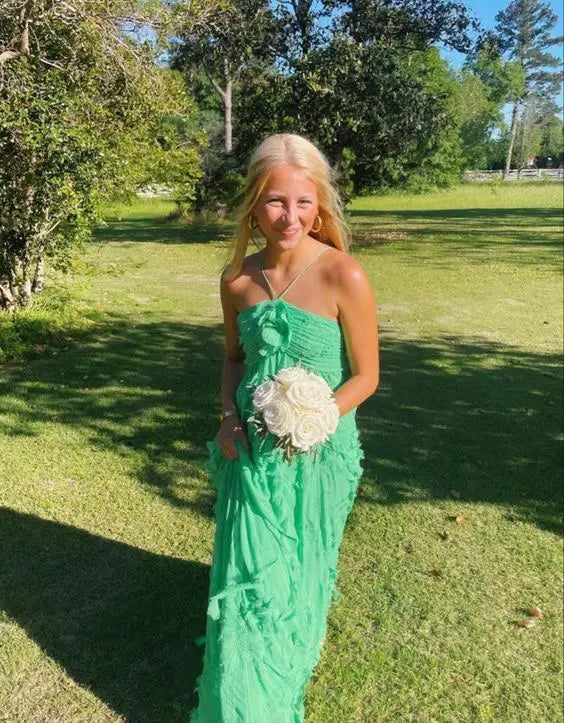 Halter Green Prom Dress Long Evening Party Gown