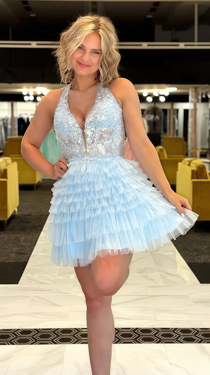 Halter Light Blue Lace Homecoming Dress Tulle Mini Party Dress, LTP3743