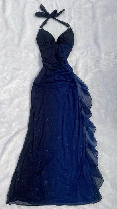 Halter Ombre Navy Blue Long Chiffon Prom Dress,LTP4405