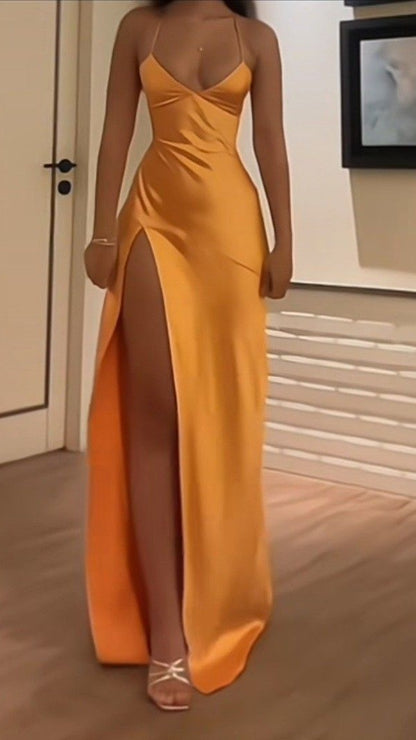 Halter Orange Yellow Sexy Party Dresses With Slit,LTP4490