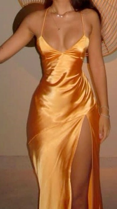 Halter Orange Yellow Sexy Party Dresses With Slit,LTP4490