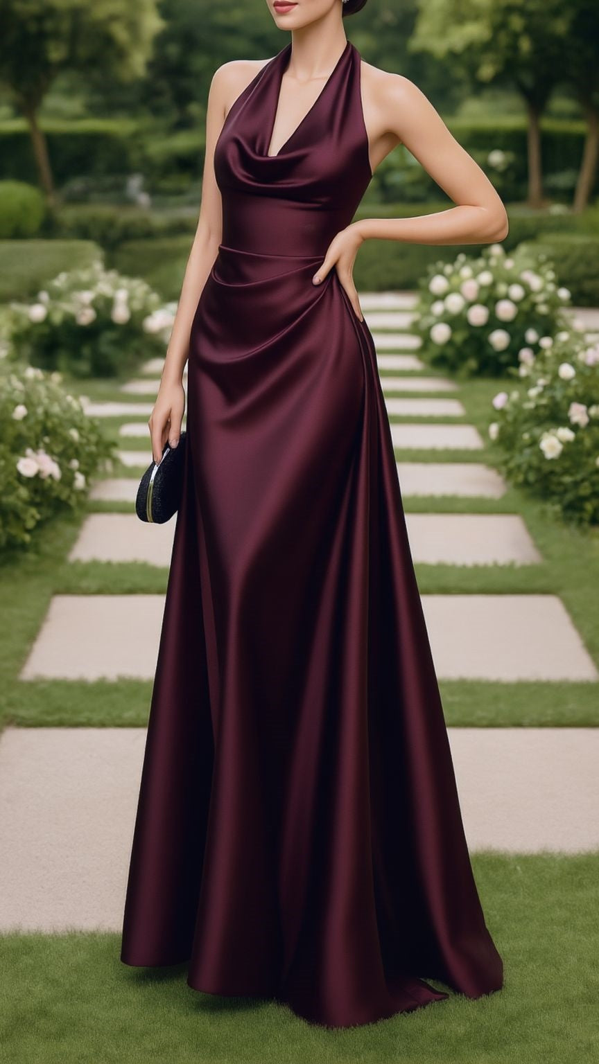 Halter Brown Mermaid Satin Prom Dresses Sleeveless Evening Party Dress,LTP4472