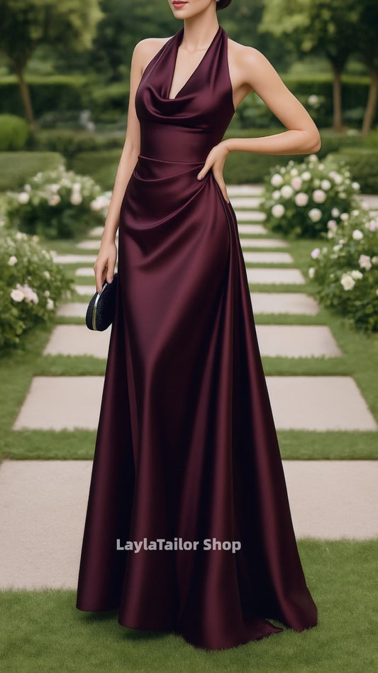 Halter Brown Mermaid Satin Prom Dresses Sleeveless Evening Party Dress,LTP4472