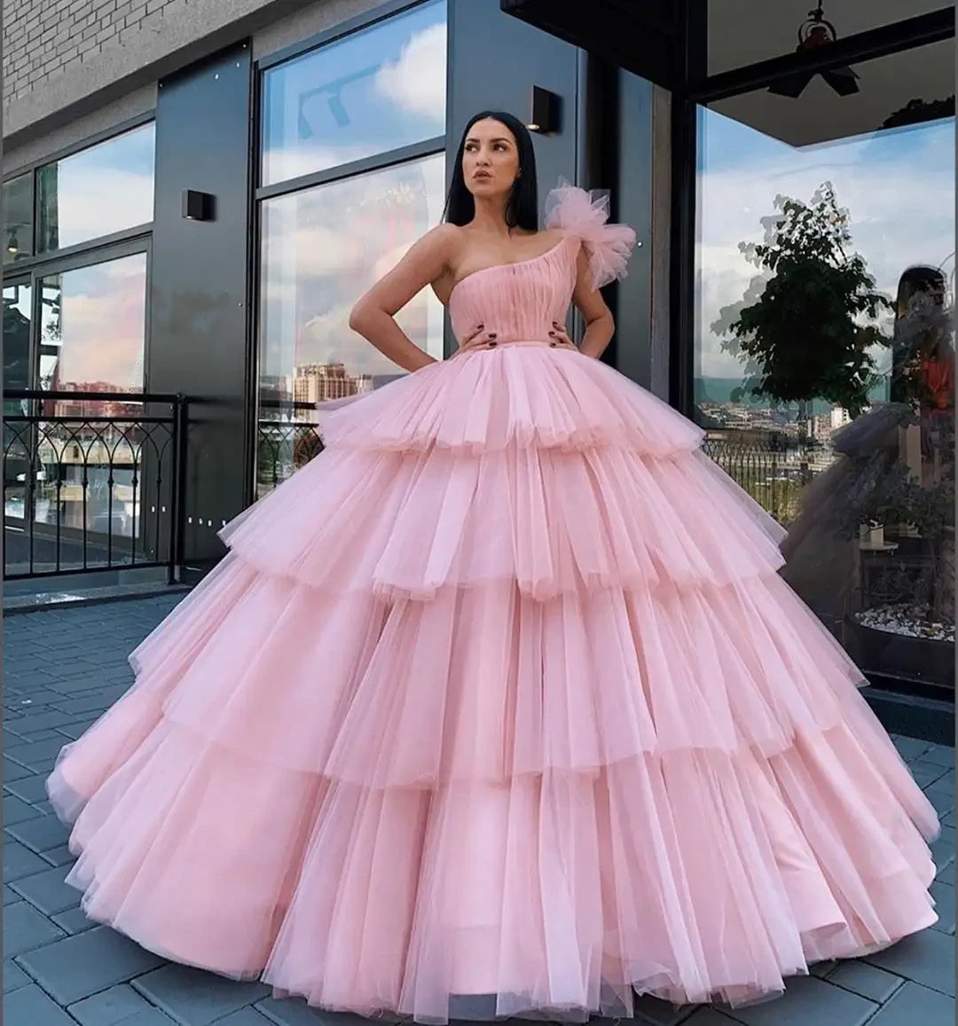 Light Pink One Shoulder Tulle Evening Prom Dress