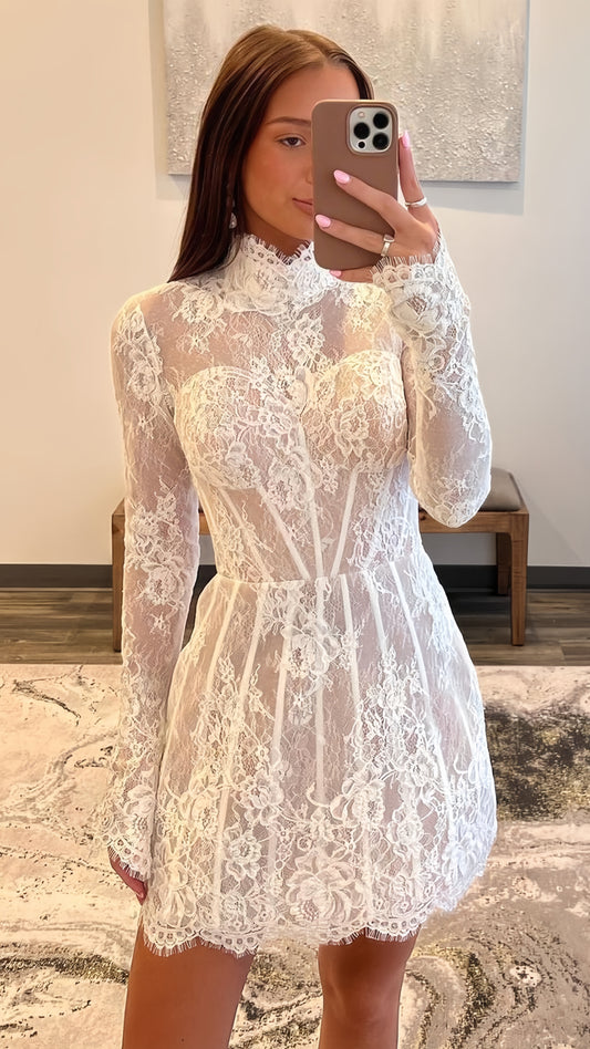 High Neck White Lace Bridal Dresses, Long Sleeves Wedding Gown, LTP3481