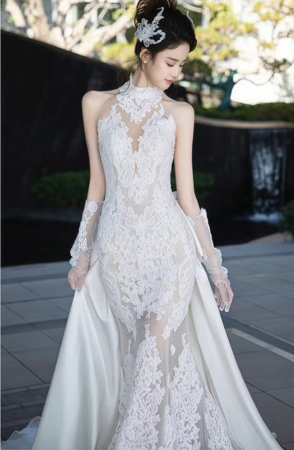 High Neck White Lace Mermaid Wedding Dresses,LTP3670