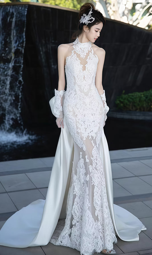High Neck White Lace Mermaid Wedding Dresses,LTP3670
