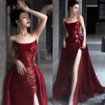 High Quality Burgundy Sequin Prom Dresses, Satin Formal Gown With Sexy Slit,LTP3539