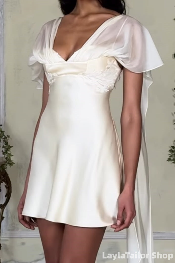 High Quality Ivory Satin Short Wedding Reception Dress Homecoming Dresses LTP82626