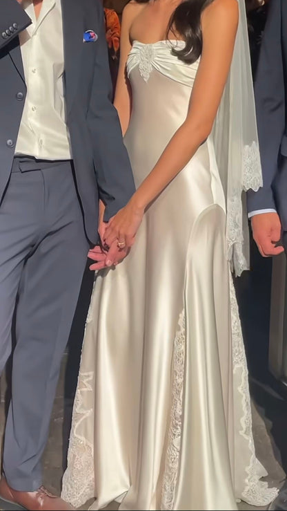 High Quality Ivory Sheath Wedding Dresses Lace Strapless Bridal Dress,LTP4260