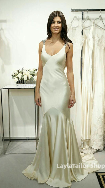 High Quality Mermaid V-Neck Prom Dresses Beaded Wedding Gown,LTP4598