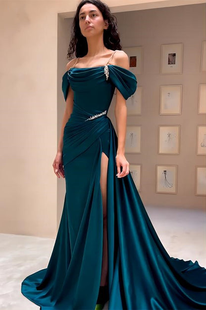 High Quality Off The Shoulder Dark Green Satin Prom Dresses Beaded Evening Gown