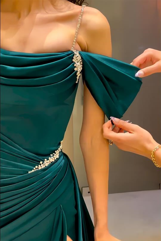 High Quality Off The Shoulder Dark Green Satin Prom Dresses Beaded Evening Gown