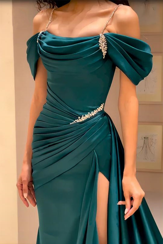 High Quality Off The Shoulder Dark Green Satin Prom Dresses Beaded Evening Gown