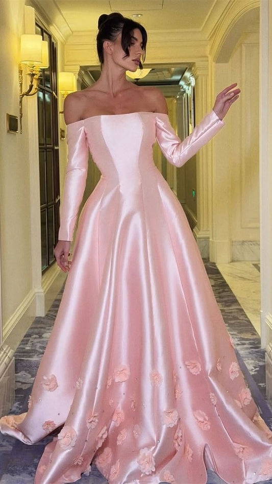 High Quality Pink Off The Shoulder Prom Dresses 3D Flowers Long Sleeves Evening Party Dress,LTP4343