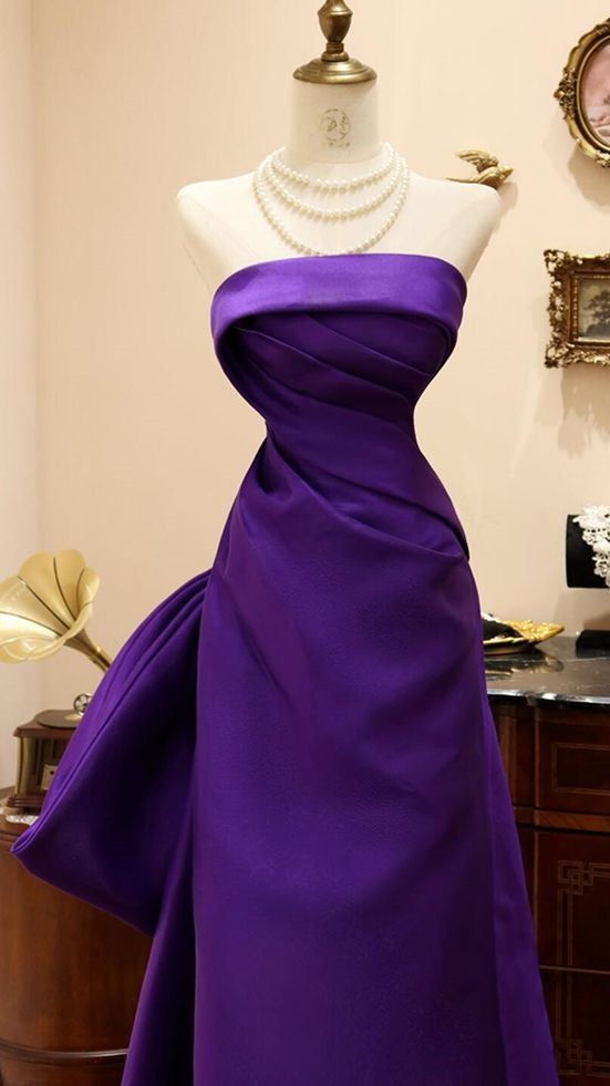 High Quality Purple Strapless Prom Dresses Long Evening Graduation Dress With Bowknot,LTP4429