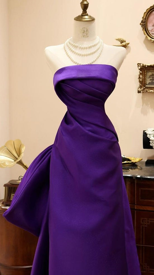High Quality Purple Strapless Prom Dresses Long Evening Graduation Dress With Bowknot,LTP4429