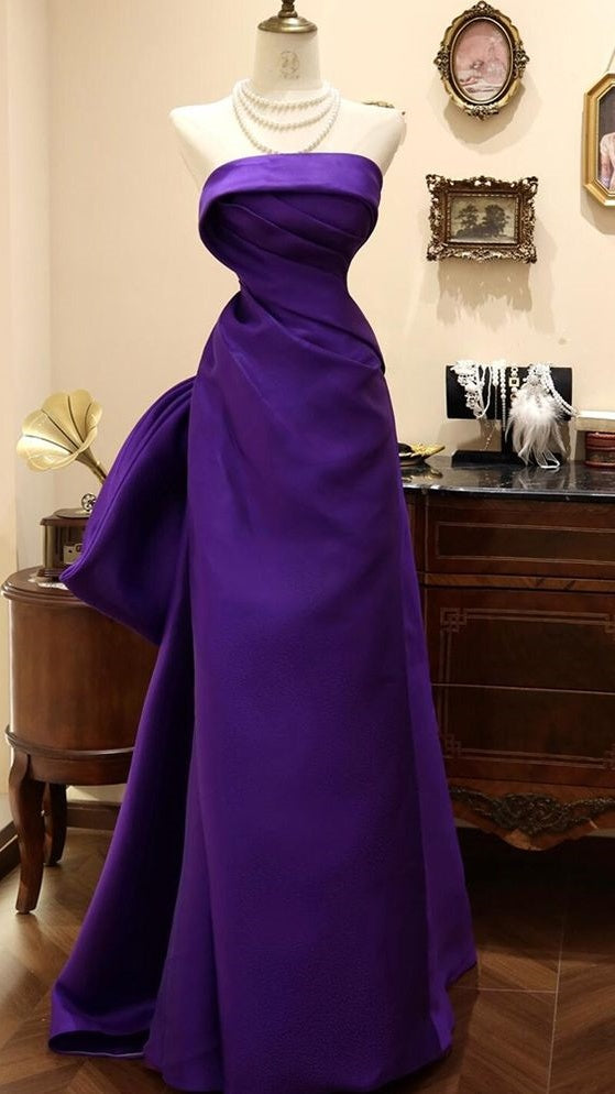 High Quality Purple Strapless Prom Dresses Long Evening Graduation Dress With Bowknot,LTP4429