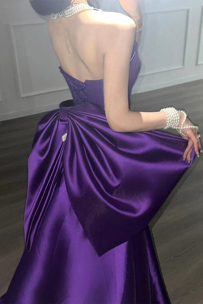 High Quality Purple Strapless Prom Dresses Long Evening Graduation Dress With Bowknot,LTP4429