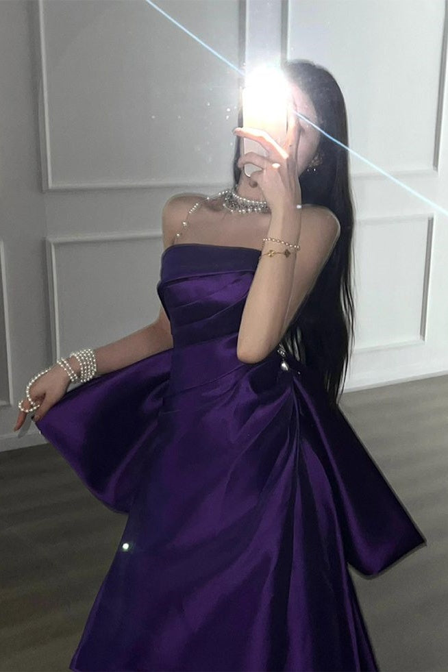 High Quality Purple Strapless Prom Dresses Long Evening Graduation Dress With Bowknot,LTP4429