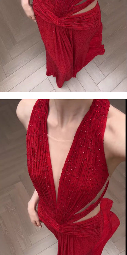 High Quality Red Beaded V-neck Sexy Prom Dresses Sleeveless Evening Party Dress,LTP4376