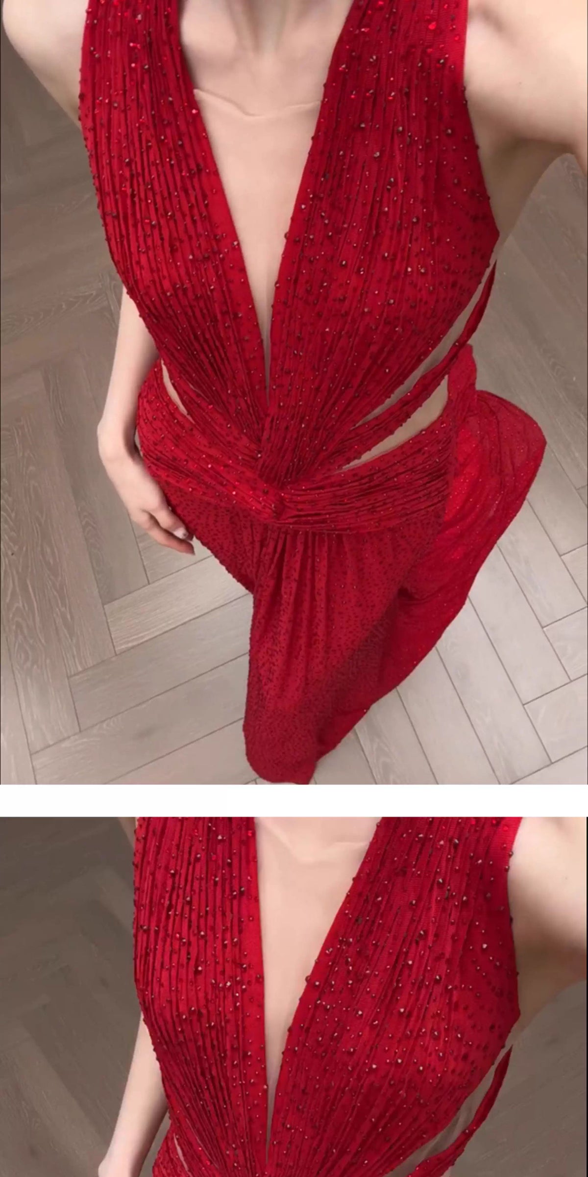 High Quality Red Beaded V-neck Sexy Prom Dresses Sleeveless Evening Party Dress,LTP4376