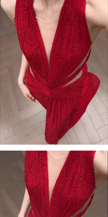 High Quality Red Beaded V-neck Sexy Prom Dresses Sleeveless Evening Party Dress,LTP4376