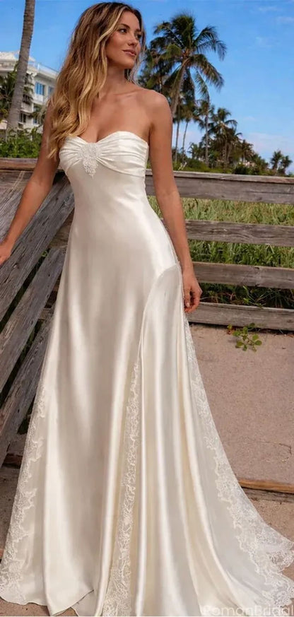High Quality Ivory Sheath Wedding Dresses Lace Strapless Bridal Dress,LTP4260