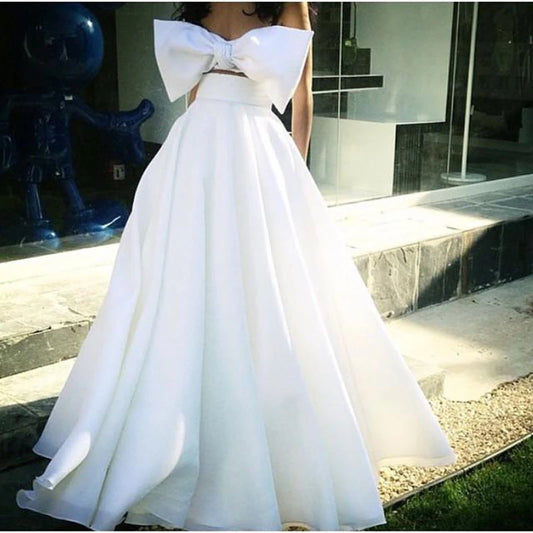 Two Pieces A-Line Wedding Dresses, White Satin Bridal Gown, Bowknot Top Special Wedding Dress For Sale