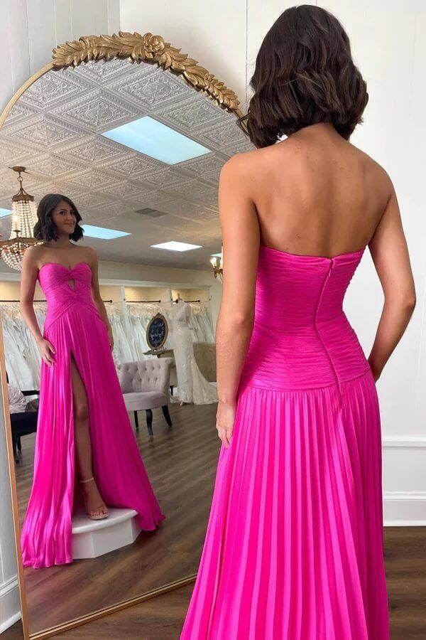 Hot Pink Sweeheart Cutout Pleated  Long Party Dress