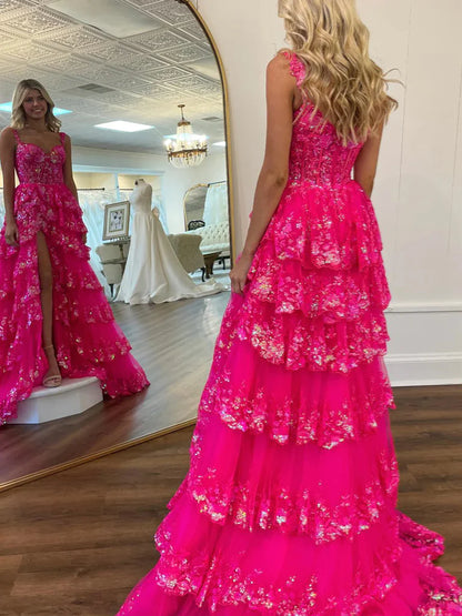 Sparkle Lace Sequin Ruffle Long Prom Dresses