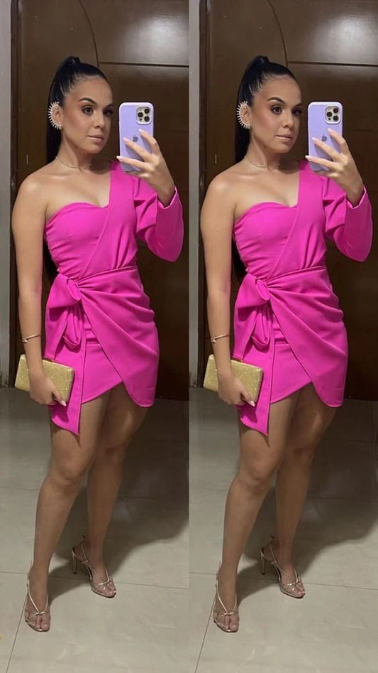 Hot Pink One Sleeve Bodycon Homecoming Dresses, LTP3143