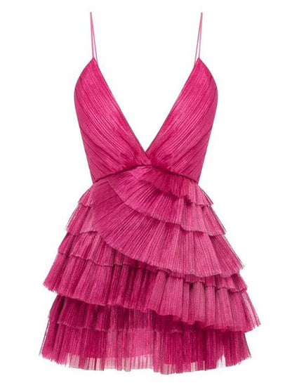 Hot Pink Pleated V-neck Homecoming Dresses With Ruffle Skirt, LTP3063