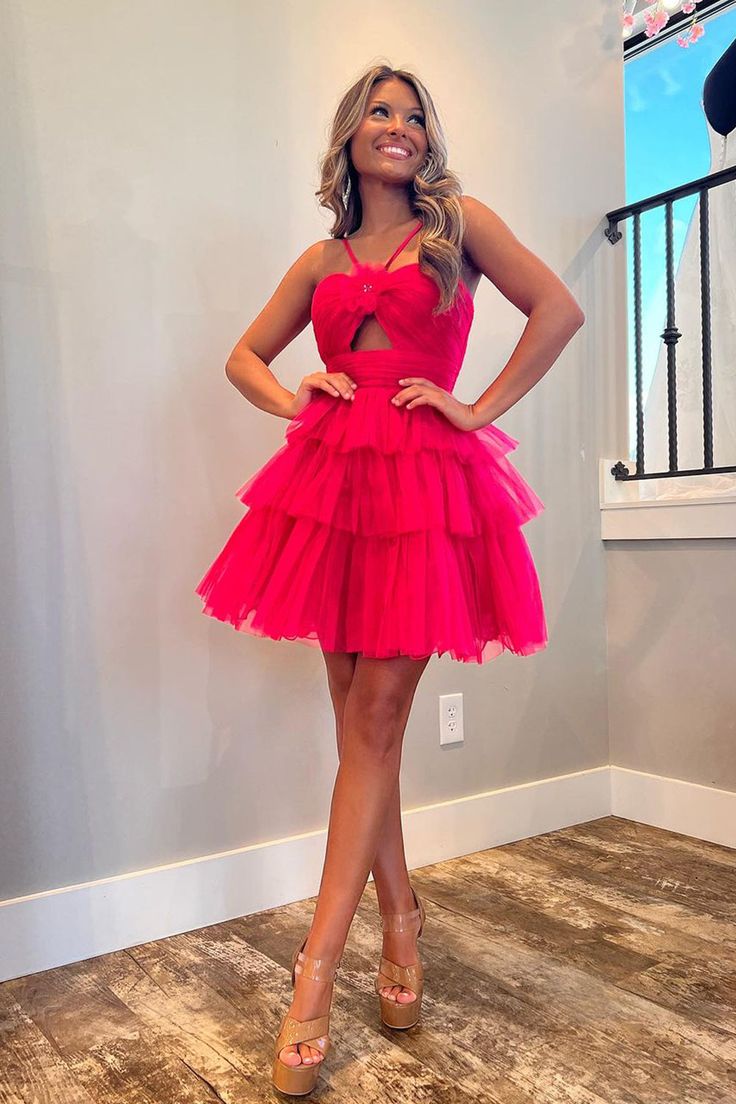 Hot Pink Ruffle Tulle Homecoming Dresses, LTP2903