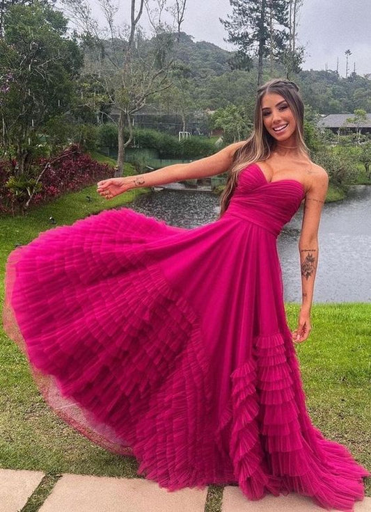 Hot Pink Sweetheart A-Line Tulle Prom Dresses
