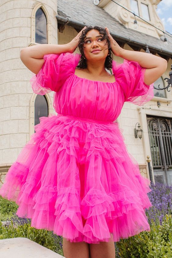 Hot Pink Tulle A-Line Homecoming Dresses Plus Size Ruffles Mini Party Gown, LTP3163