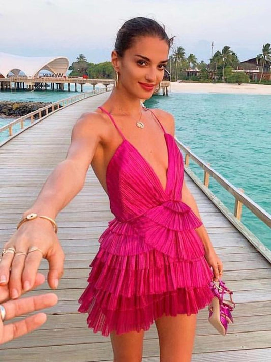 Hot Pink Pleated V-neck Homecoming Dresses With Ruffle Skirt, LTP3063