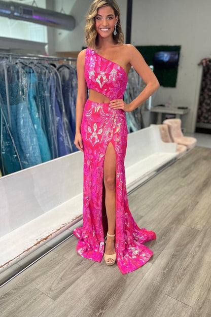 Sparkly One Shoulder Mermaid Sequins Lace Prom Dresses with Slit