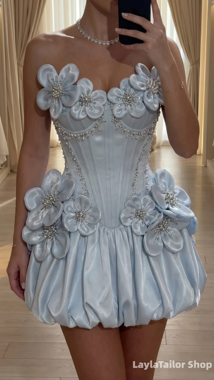 Ice Blue Floral Beaded Short Homecoming Dresses