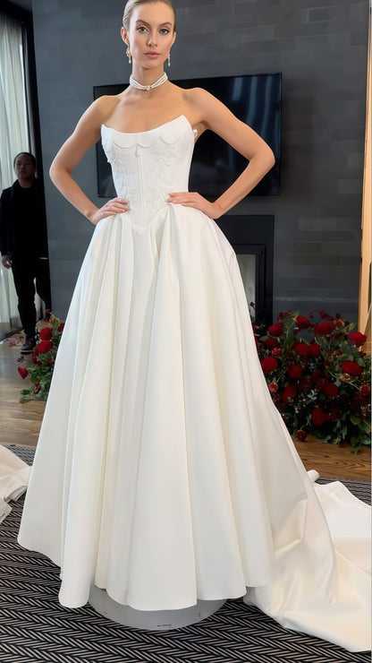 Illusion Strapless Applique Wedding Dress, Beaded Sleeveless Bridal Gown, LTP3758
