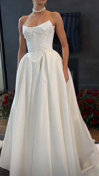Illusion Strapless Applique Wedding Dress, Beaded Sleeveless Bridal Gown, LTP3758