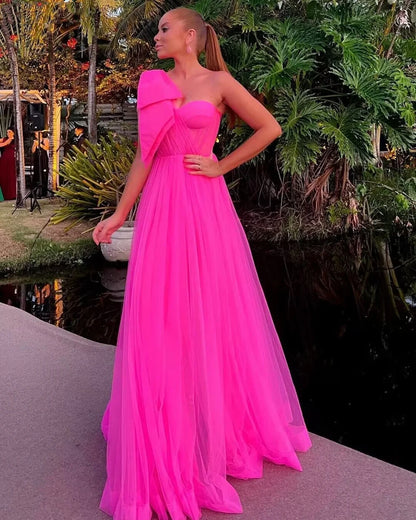 Fuchsia Tulle A-Line Sweetheart Long Prom Dress